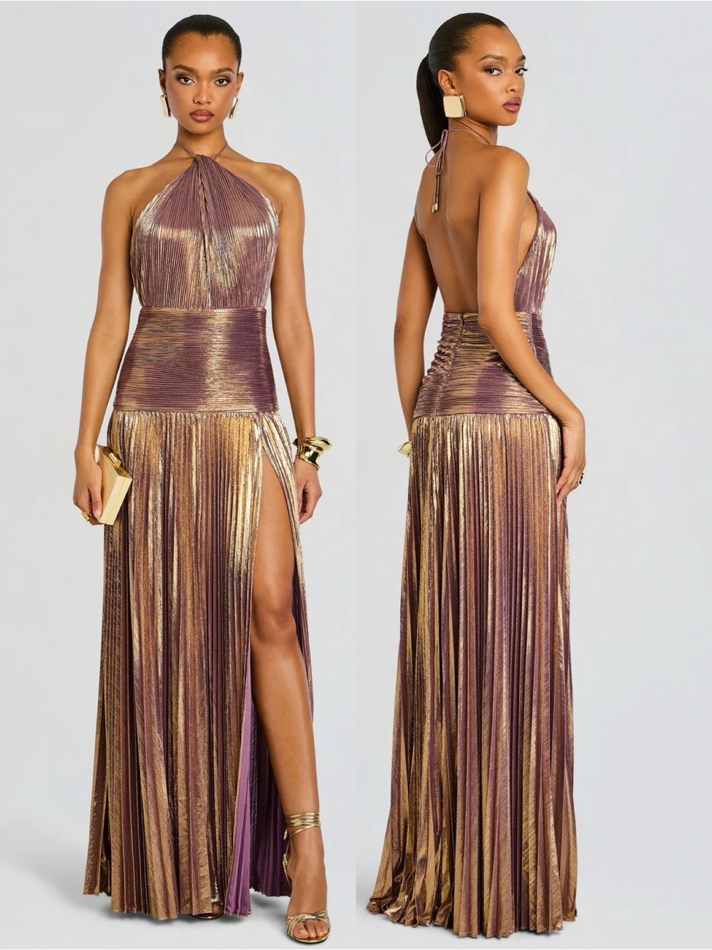 NEW NWT Retrofete Thalia Halter Pleated Maxi Gown Purple/Gold Metallic